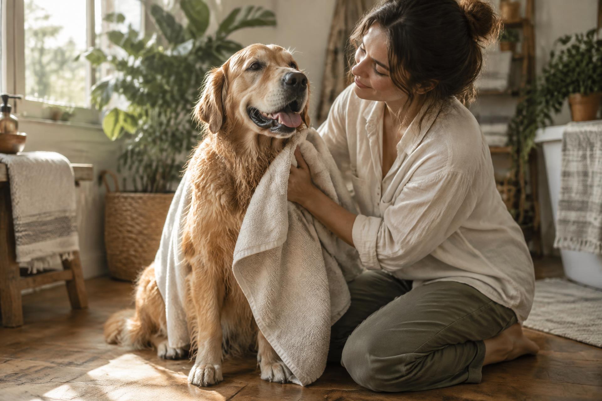 A woman gently drying her golden retriever with a towel in warm daylight