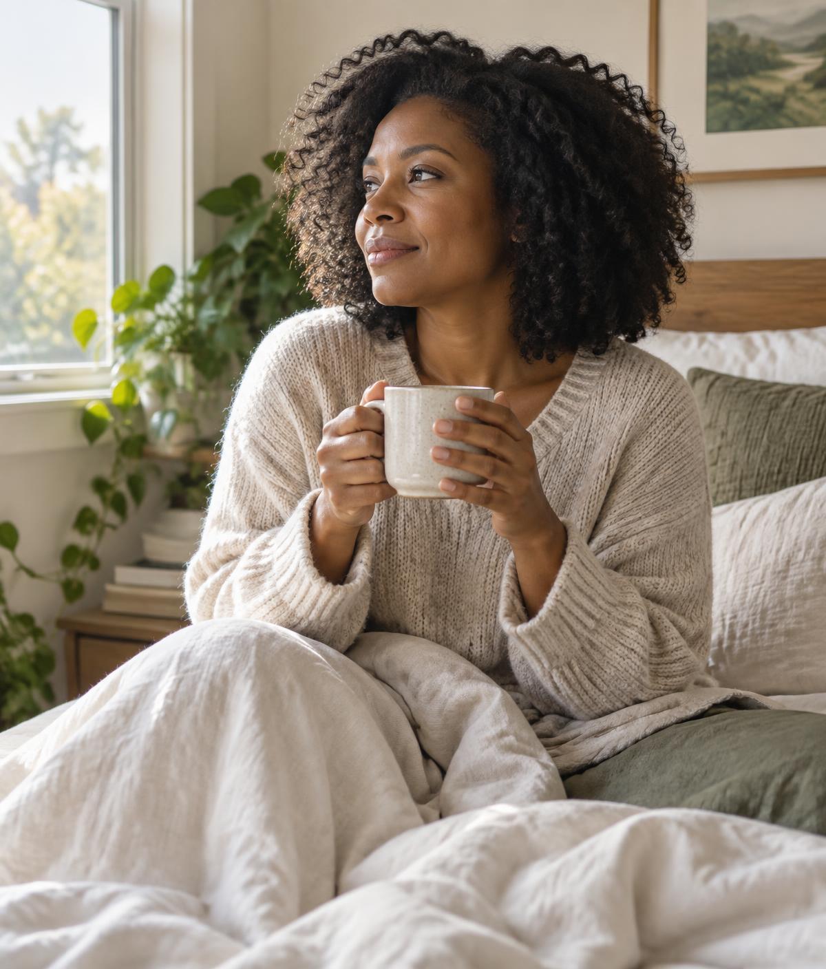 Woman with natural curls holding a cup of tea by a sunny window