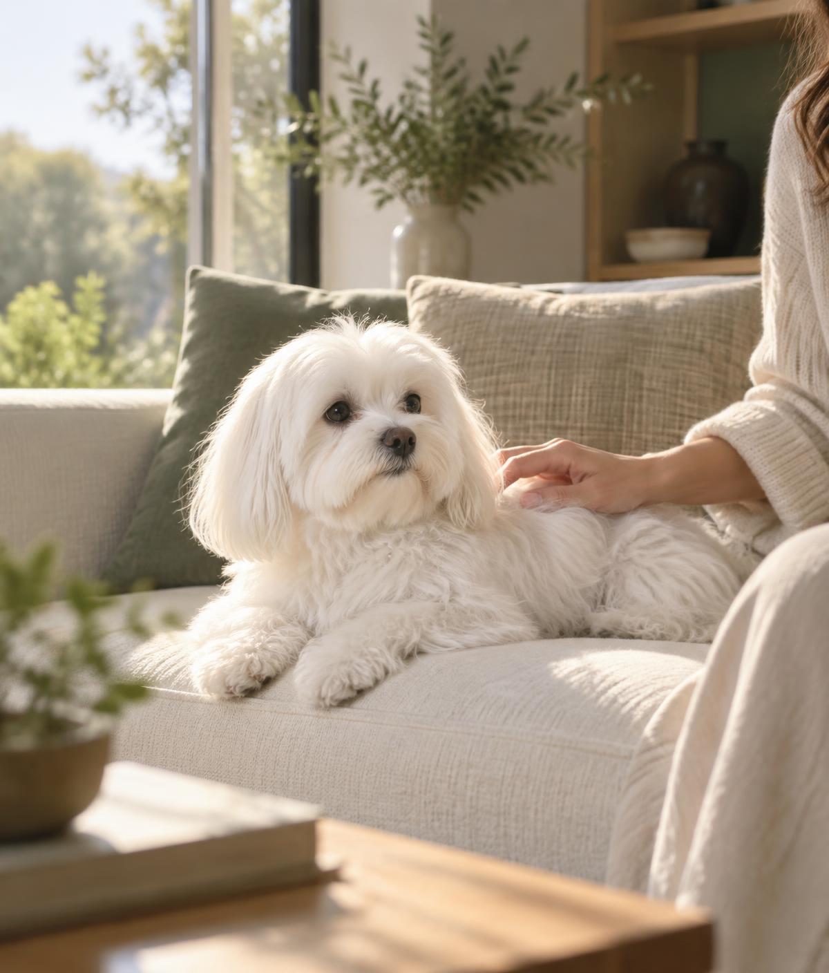 Small white Maltese dog resting on a cream linen sofa